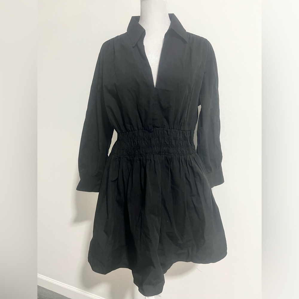Zara Womens Black Long Sleeve Collared Elastic Waist Mini Dress Size Medium